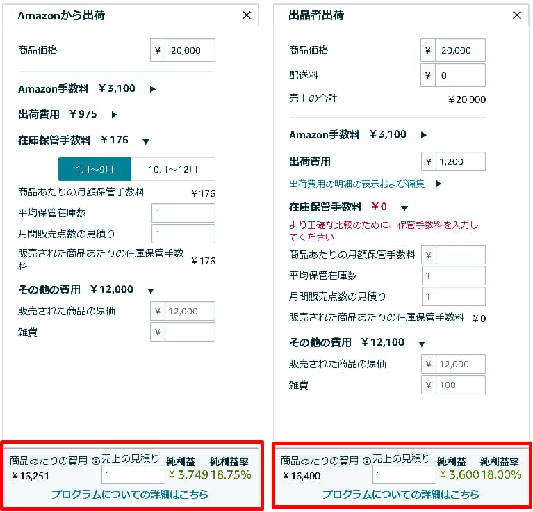 FBA料金シミュレーターのよるシミュレーション結果の表示